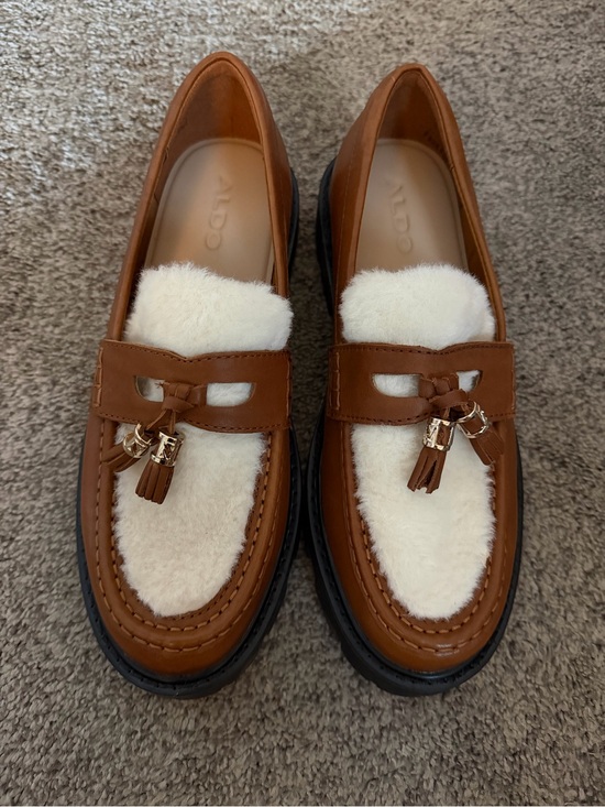 Aldo Shoes - Aldo Brown Leather Loafers with Cream Shearling and Tassel Detail